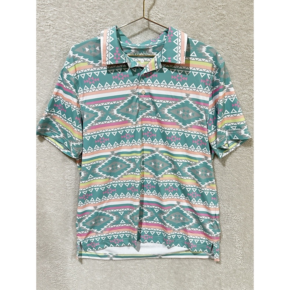 Chubbies Polo Shirt Mens Medium The Weekend Has Arrived Aztec Pastel Lightweight